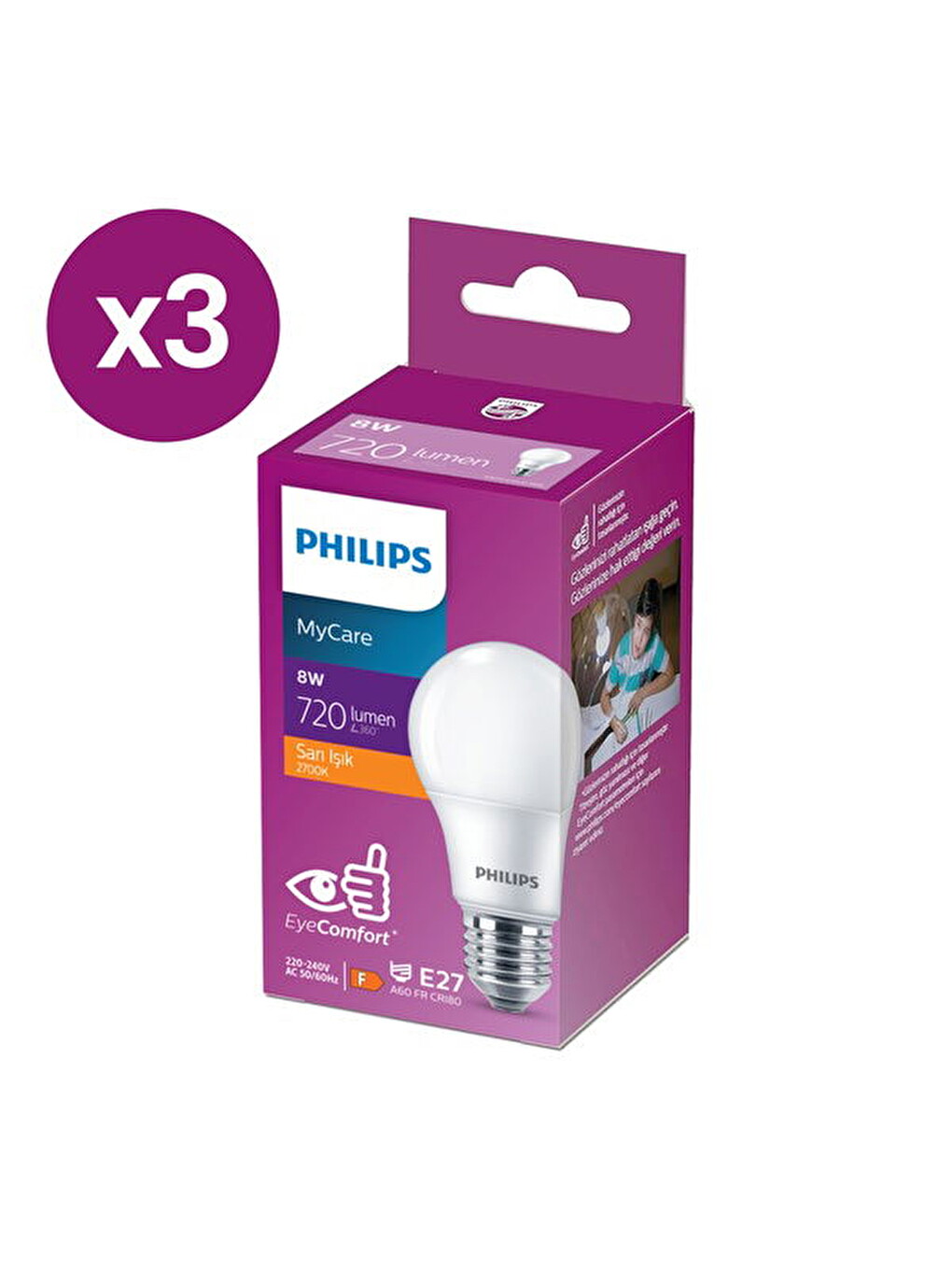 Beyaz LedBulb 8-60W 720Lm E27 New Gen 3’Lü Ampul - 2700K - Sarı Işık-3