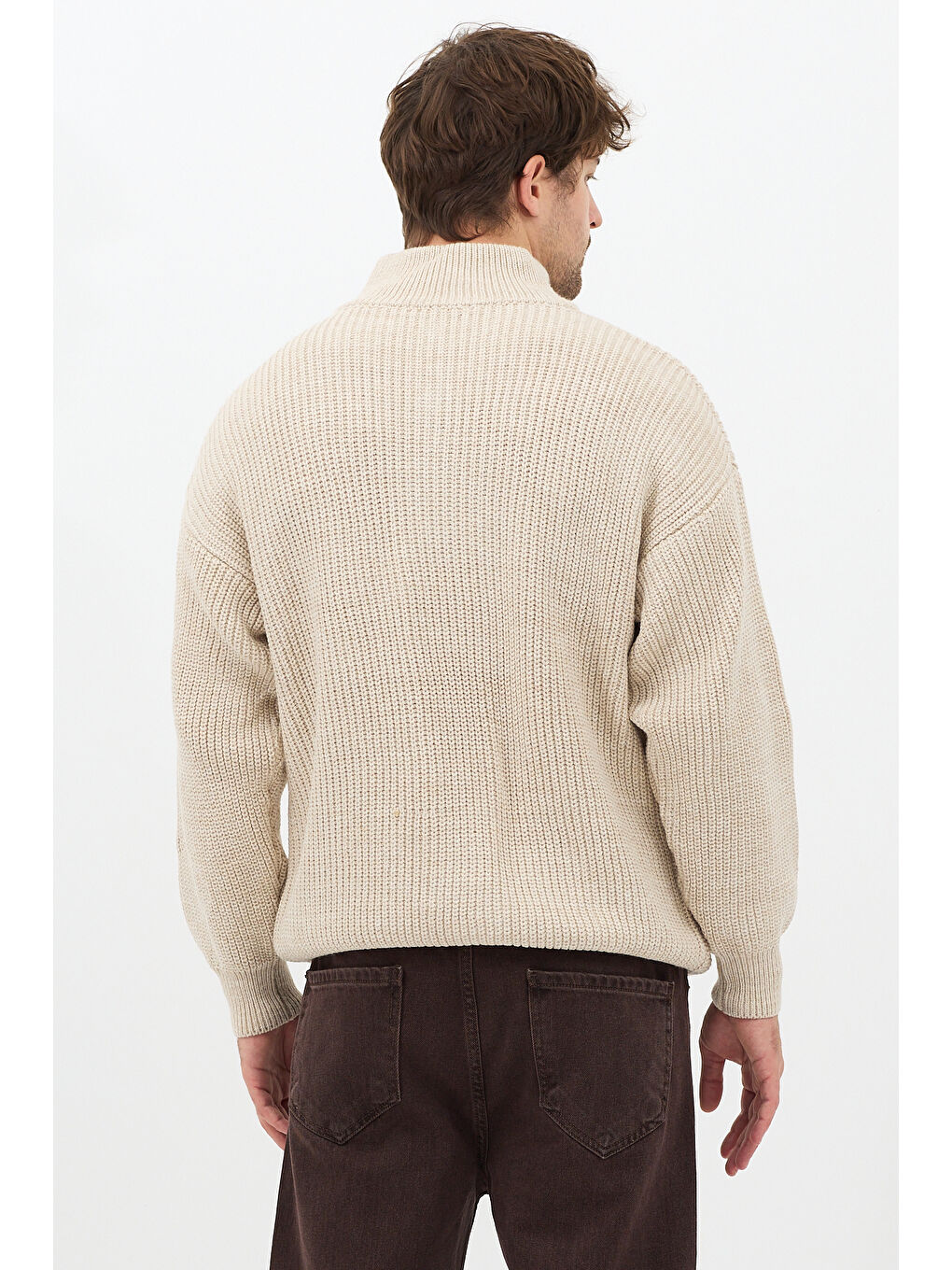 Bej Erkek Oversize Fermuarlı Balıkçı Triko Kazak-7