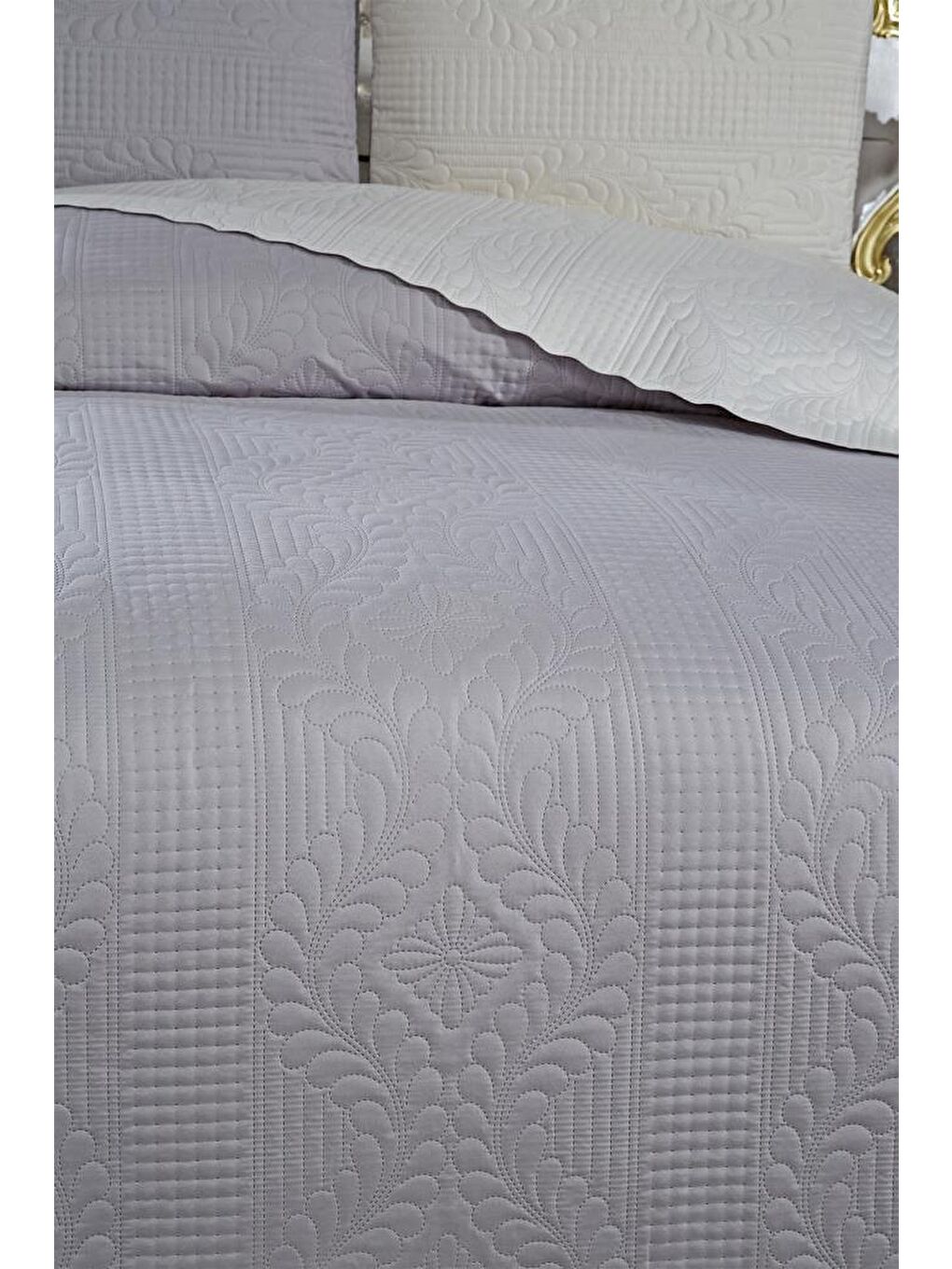 Karışık Ultrasonik Kapitoneli Sanem Çift Taraflı Çift Kişilik Yatak Örtüsü Krem Gri-1