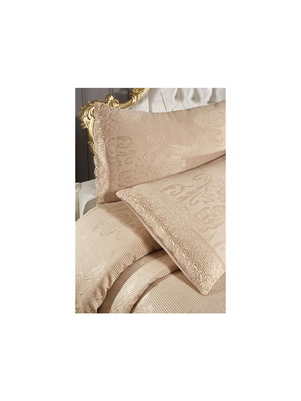 Karışık Fransız Dantelli Suzan Çift Kişilik Yatak Örtüsü Cappucino-2