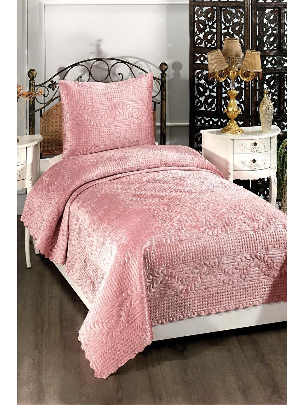 Pembe Velica Tek Kişilik Kadife Yatak Örtüsü Pudra-5