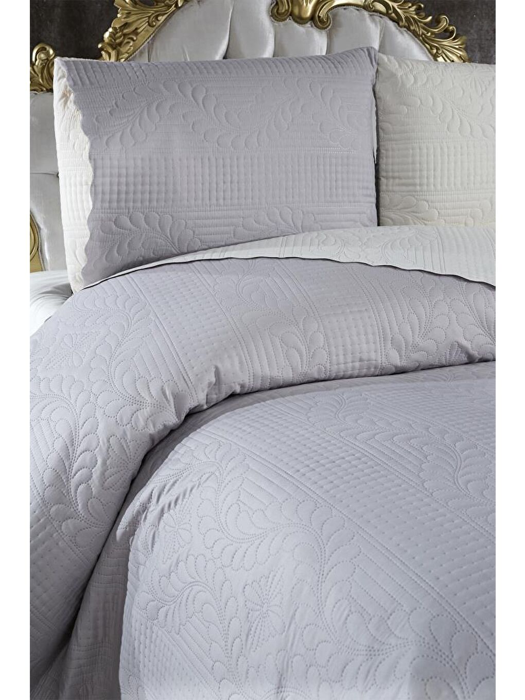 Karışık Ultrasonik Kapitoneli Sanem Çift Taraflı Çift Kişilik Yatak Örtüsü Krem Gri-2