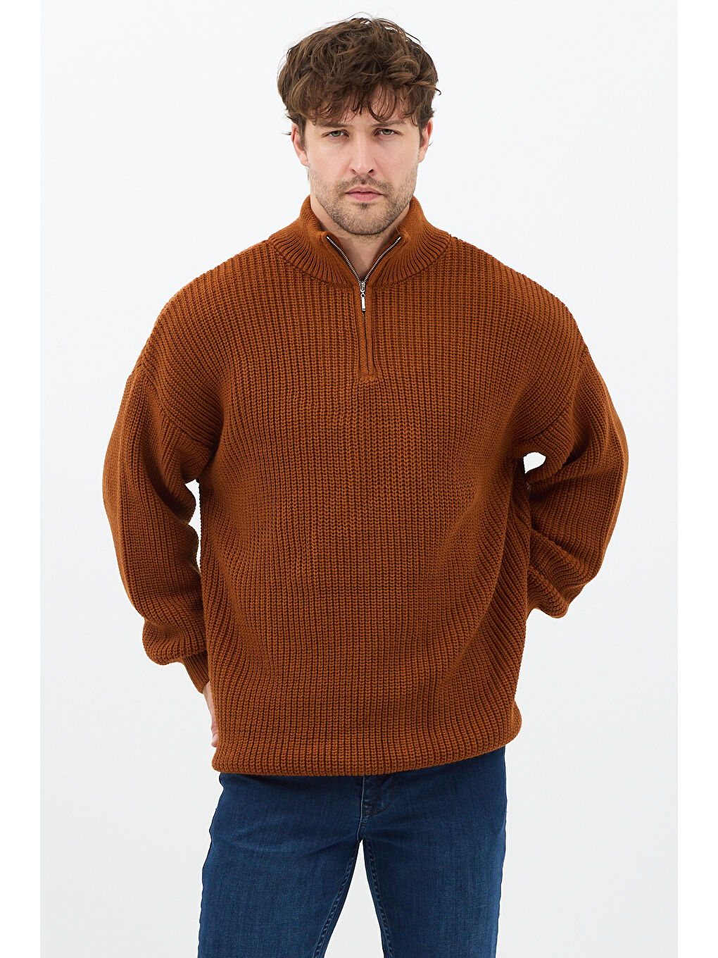 Kahverengi Hardal Erkek Oversize Fermuarlı Balıkçı Triko Kazak