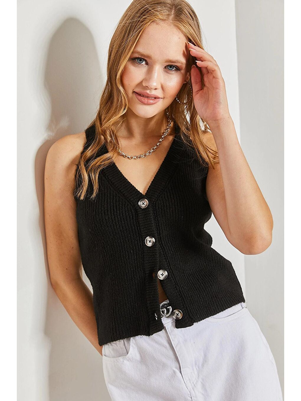 Siyah Kadın Düğmeli Triko Hırka-2