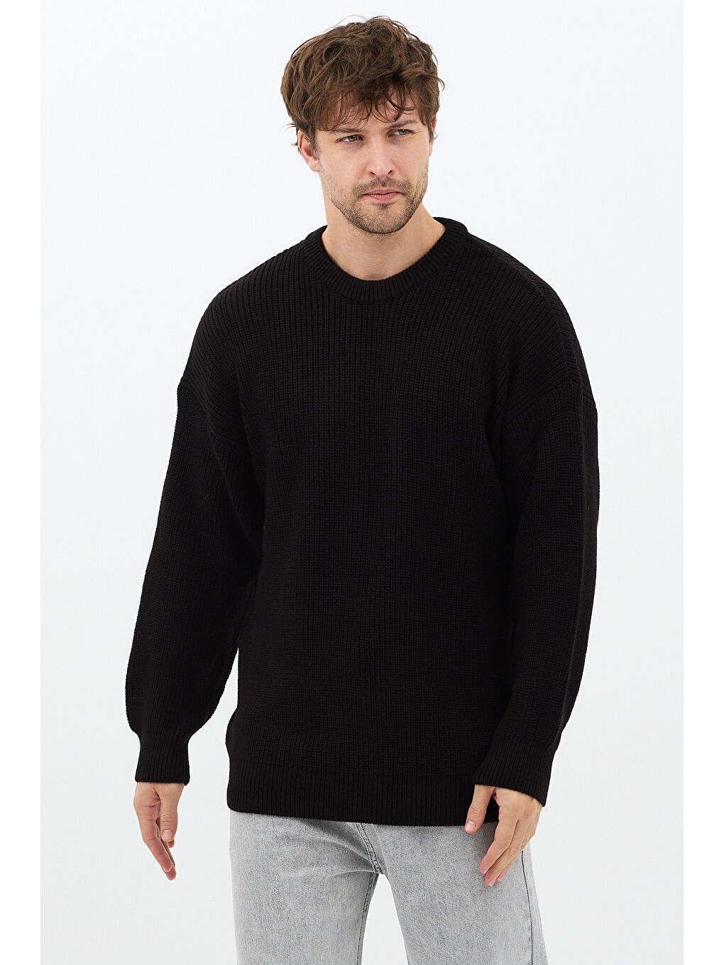 Erkek Siyah Regular Fit Bisiklet Yaka Örgülü Triko