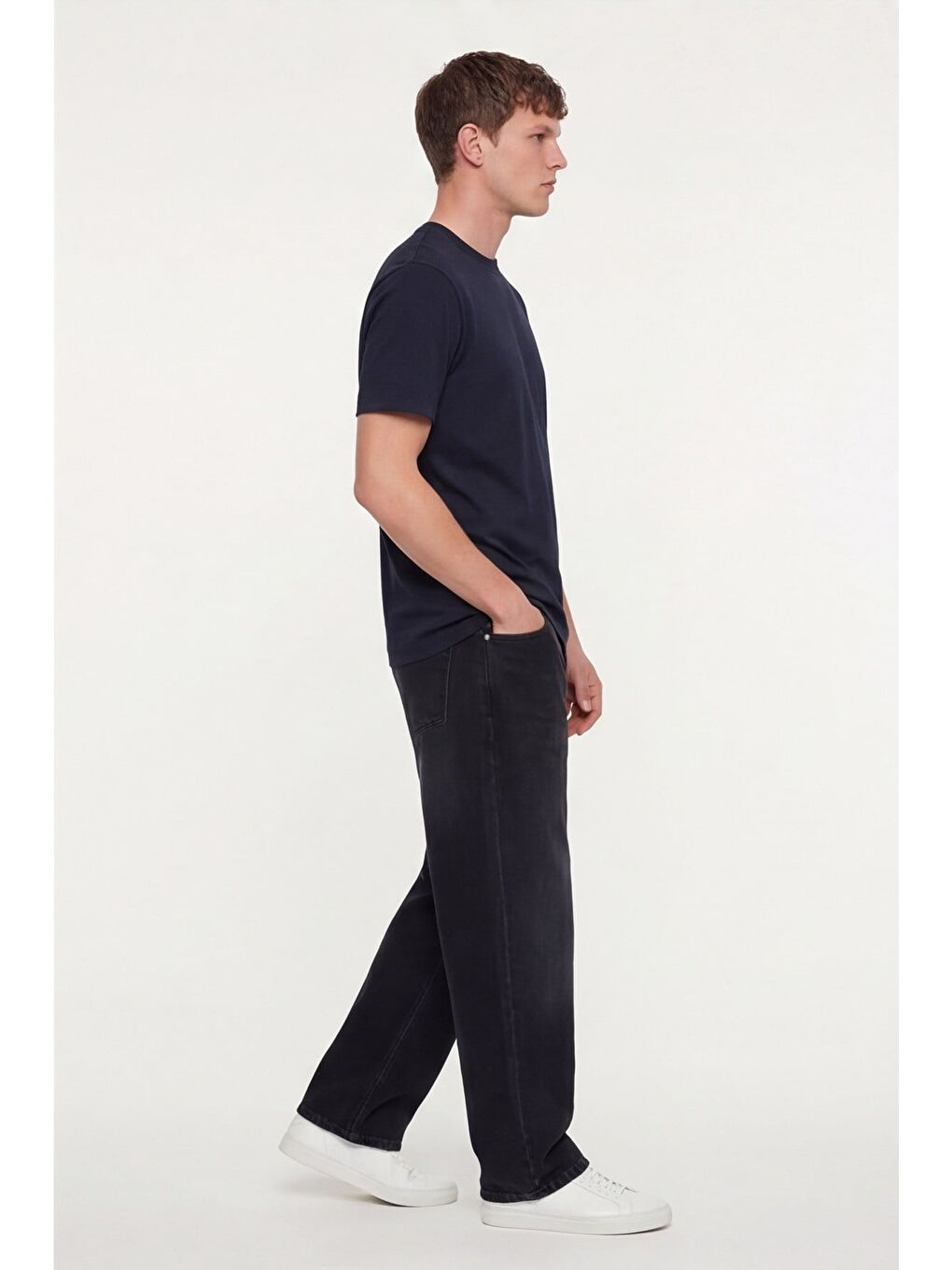 Erkek Lacivert Normal Kesim Regular Fit %100 Pamuk Dokuma Bisiklet Yaka Basic T-Shirt-2