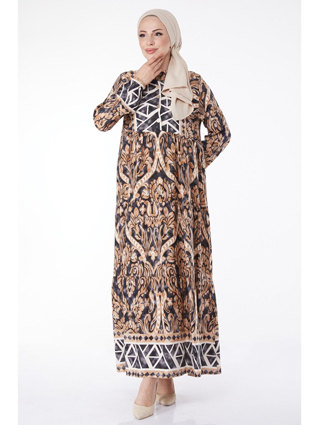 Hakim Yaka Kadın Siyah Desenli Ebise - 25196-1