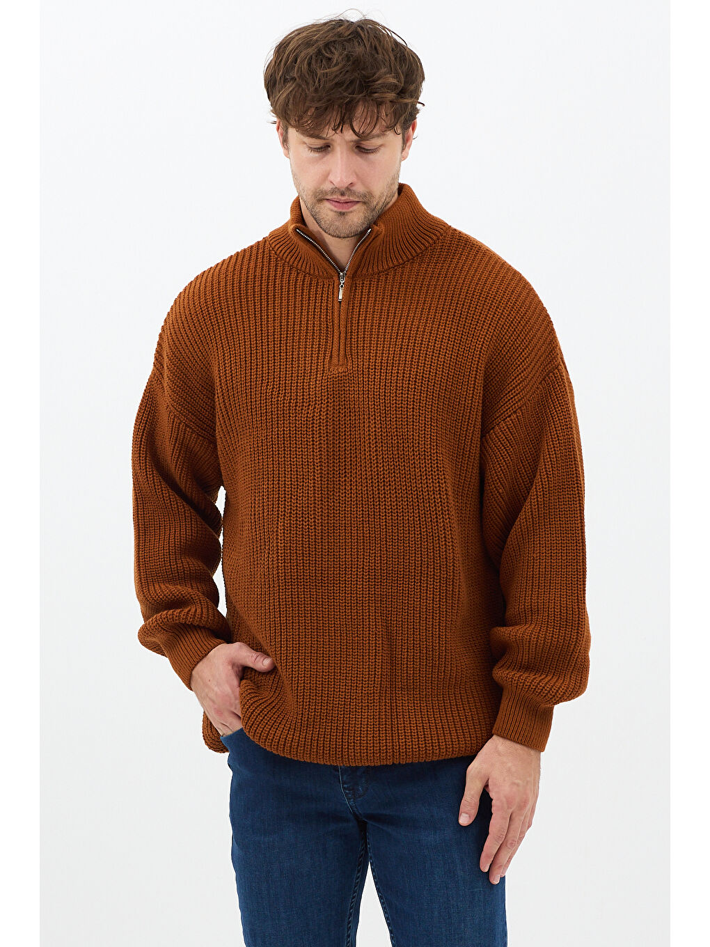 Kahverengi Hardal Erkek Oversize Fermuarlı Balıkçı Triko Kazak-1