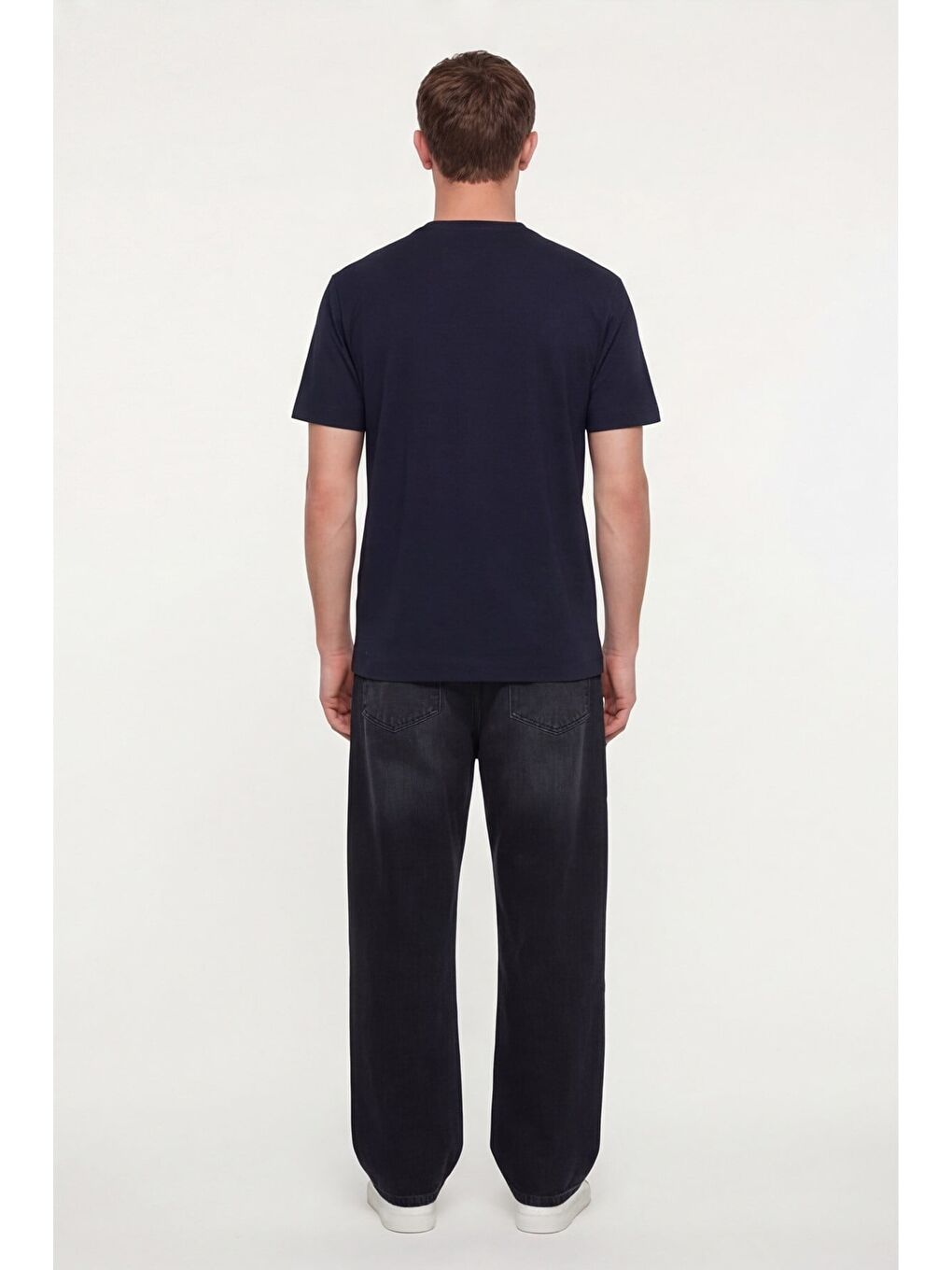 Erkek Lacivert Normal Kesim Regular Fit %100 Pamuk Dokuma Bisiklet Yaka Basic T-Shirt-3