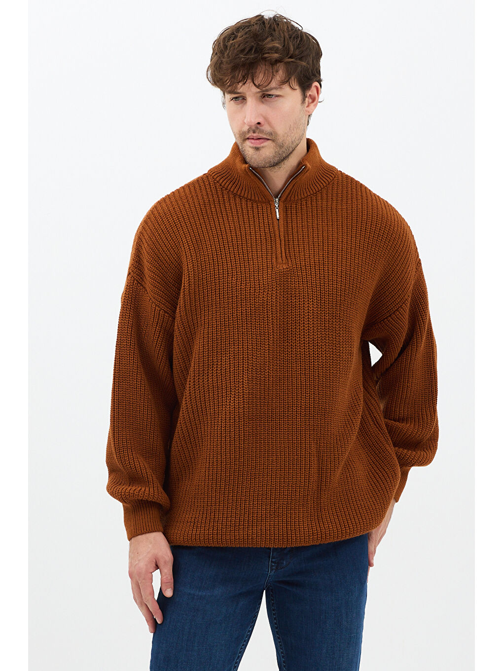 Kahverengi Hardal Erkek Oversize Fermuarlı Balıkçı Triko Kazak-2