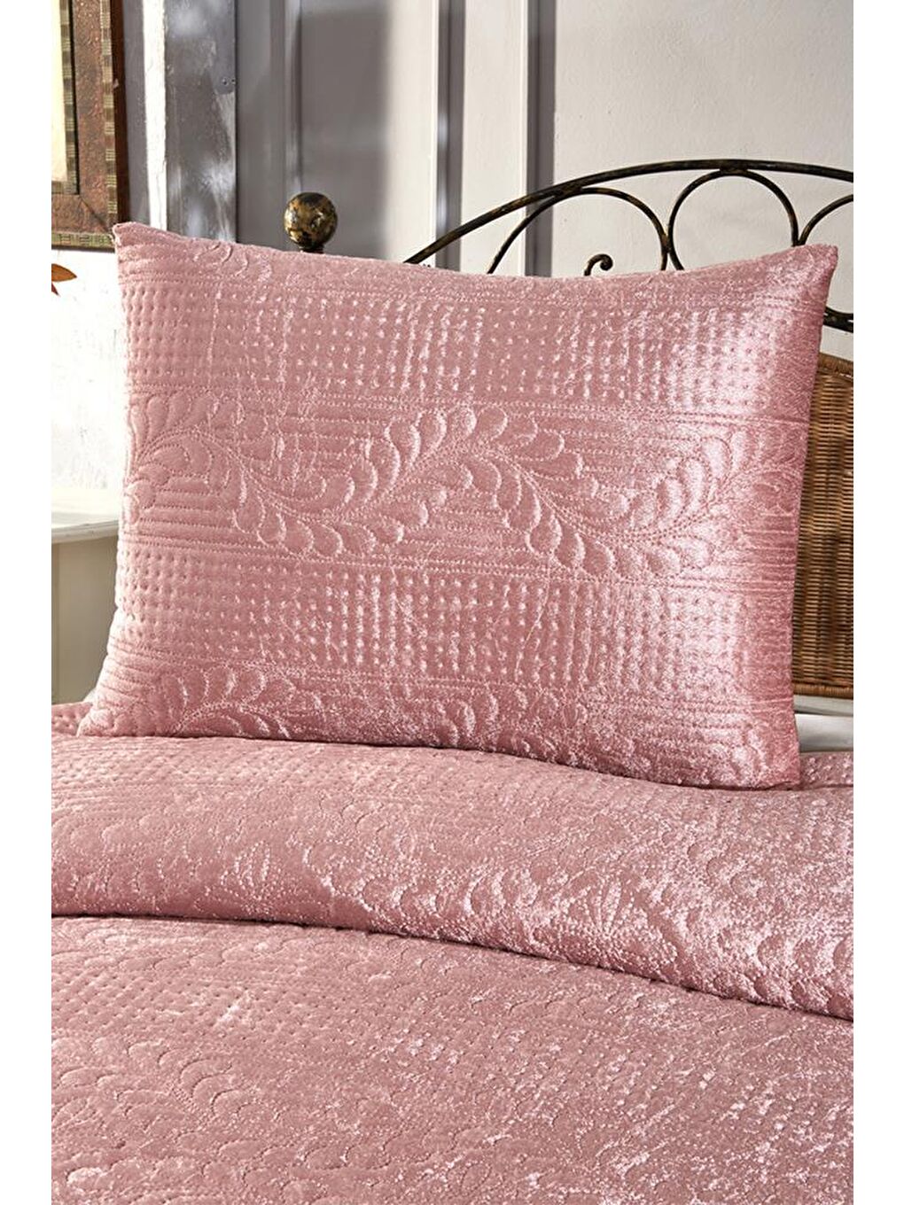 Pembe Velica Tek Kişilik Kadife Yatak Örtüsü Pudra-7