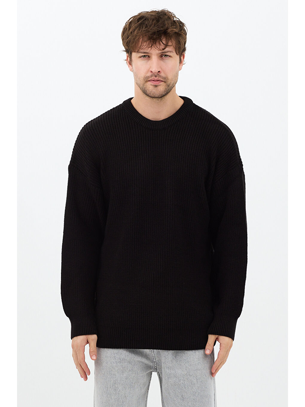 Erkek Siyah Regular Fit Bisiklet Yaka Örgülü Triko-1