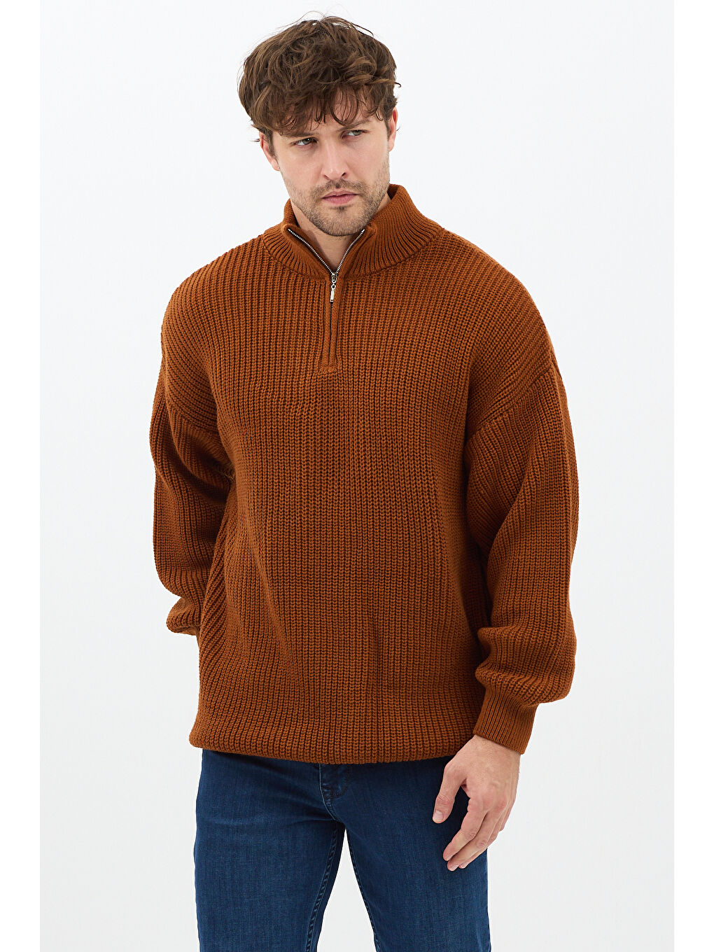 Kahverengi Hardal Erkek Oversize Fermuarlı Balıkçı Triko Kazak-3