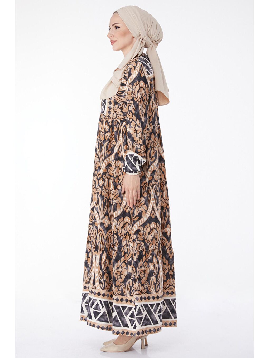 Hakim Yaka Kadın Siyah Desenli Ebise - 25196-3