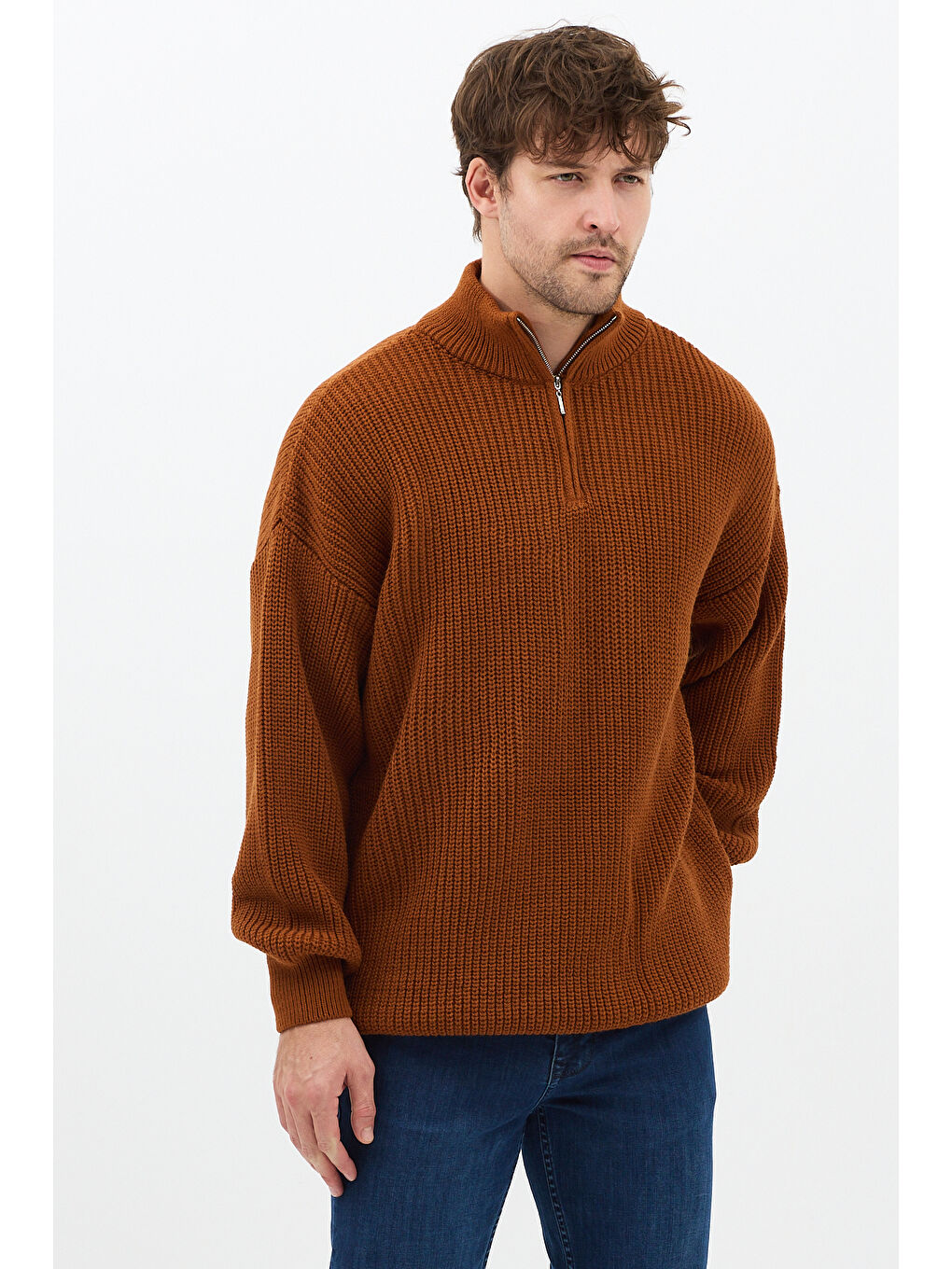 Kahverengi Hardal Erkek Oversize Fermuarlı Balıkçı Triko Kazak-4