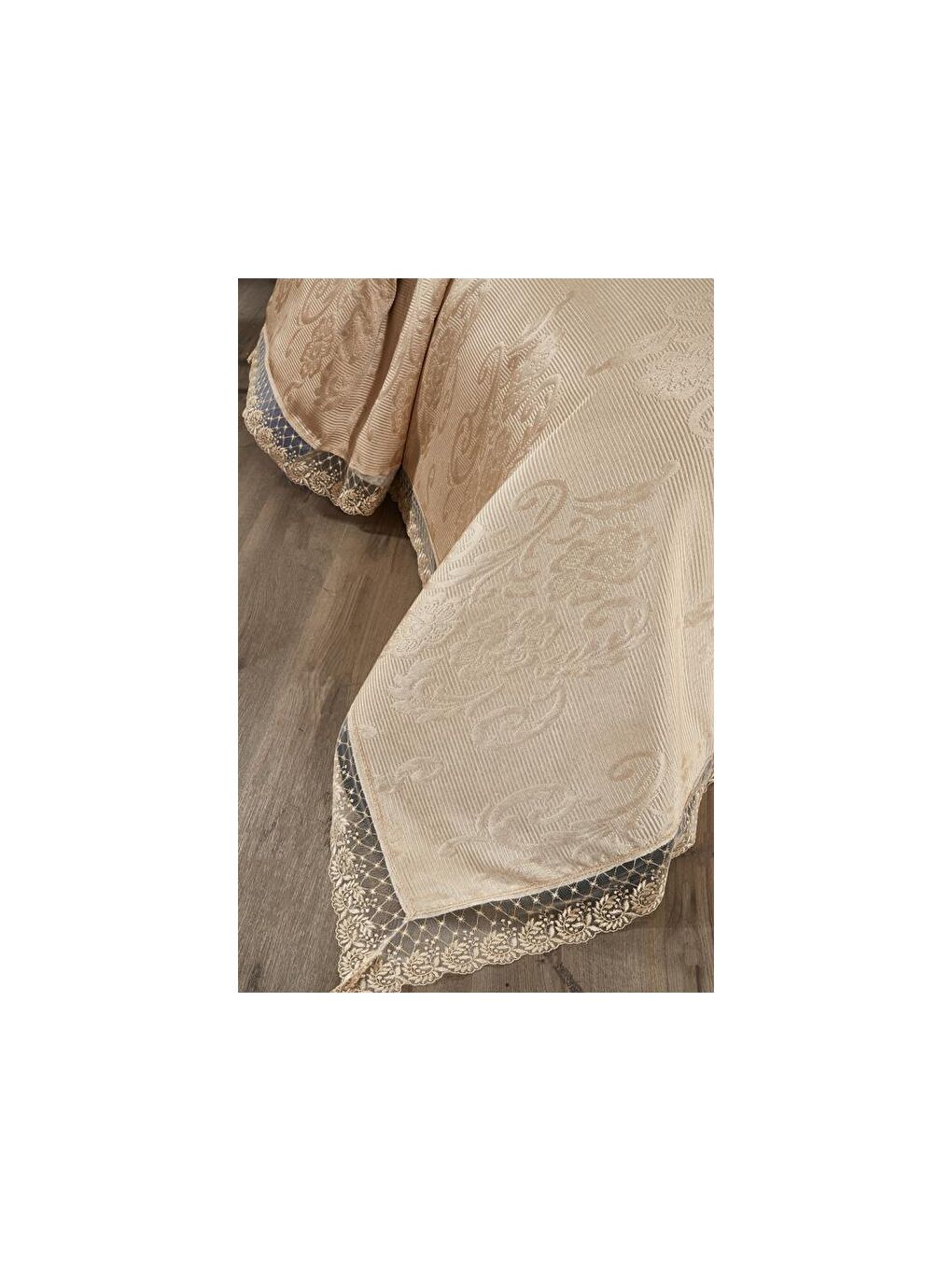 Karışık Fransız Dantelli Suzan Çift Kişilik Yatak Örtüsü Cappucino-6