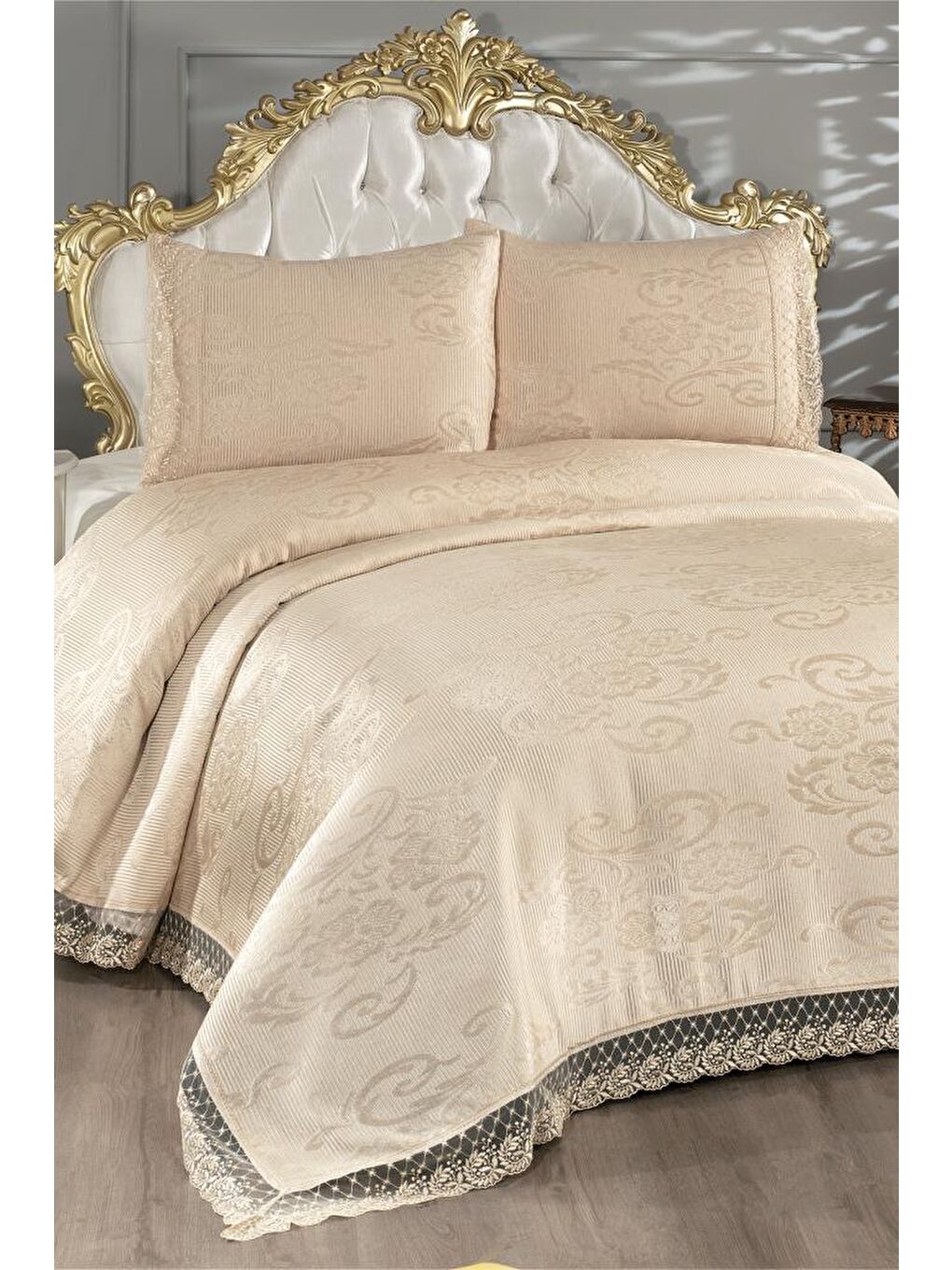 Karışık Fransız Dantelli Suzan Çift Kişilik Yatak Örtüsü Cappucino-7