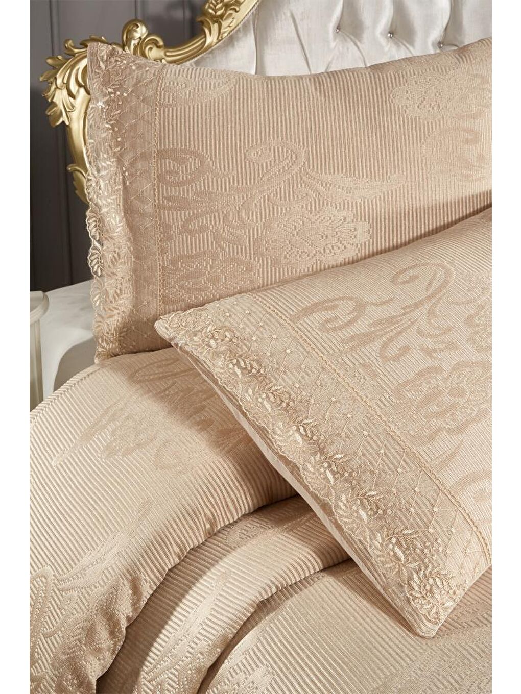 Karışık Fransız Dantelli Suzan Çift Kişilik Yatak Örtüsü Cappucino-9