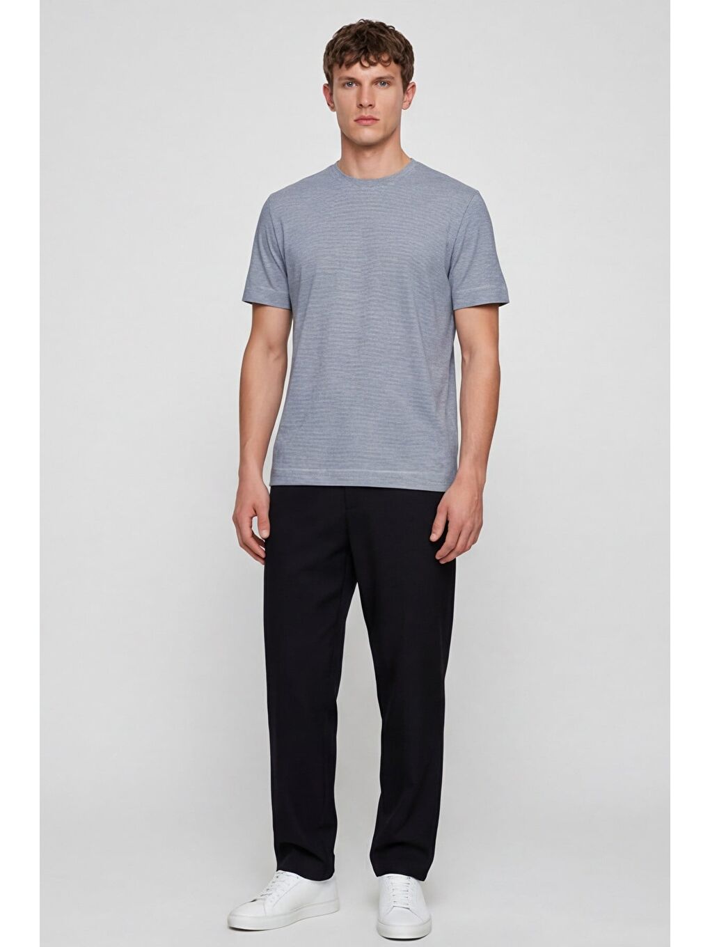 Erkek Lacivert-Beyaz Normal Kesim Regular Fit %100 Pamuk Bisiklet Yaka Basic Tişört-1