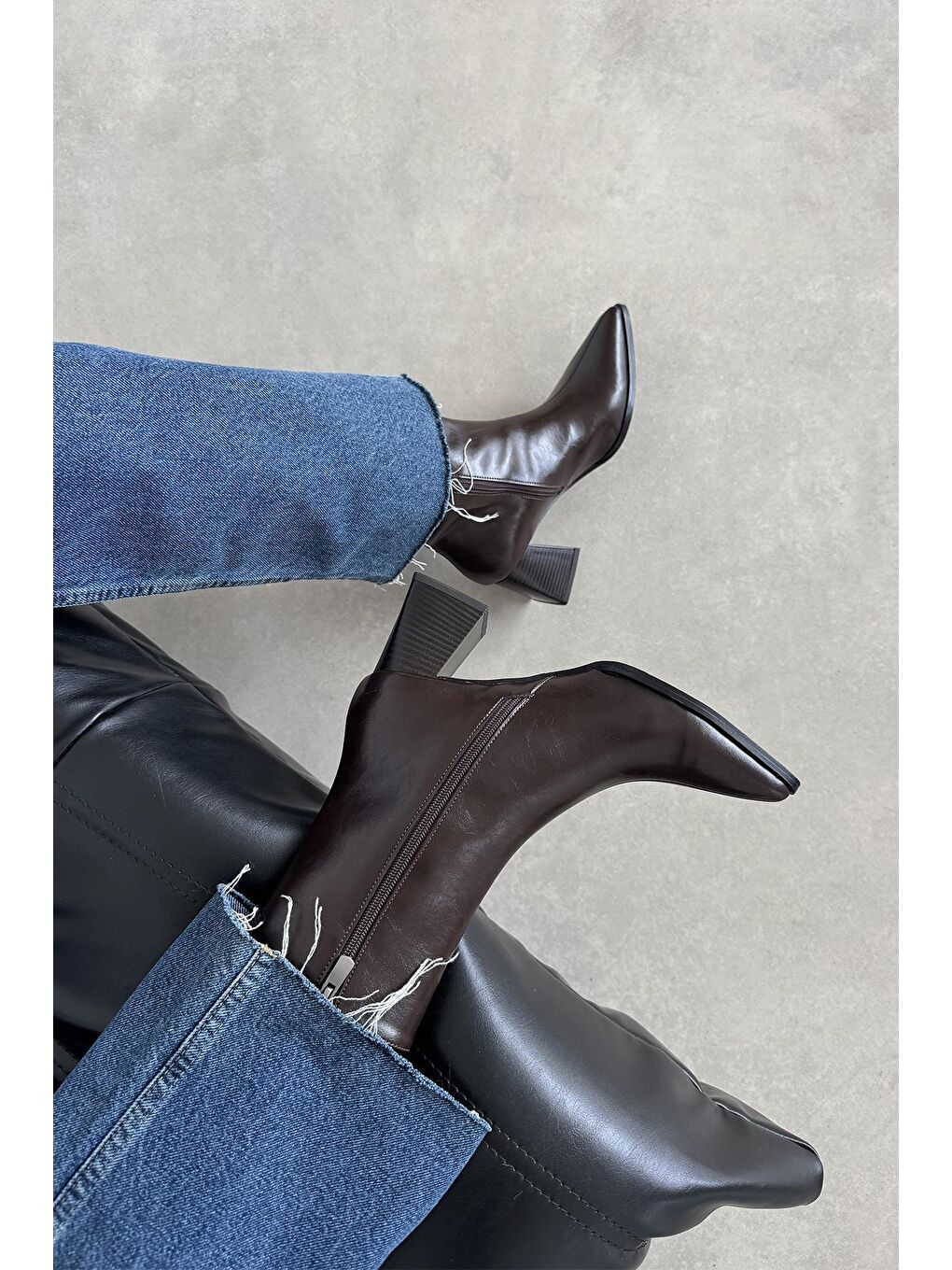 Kahverengi Liston Kadın Topuklu Kırışık Deri Bot Kahve-2