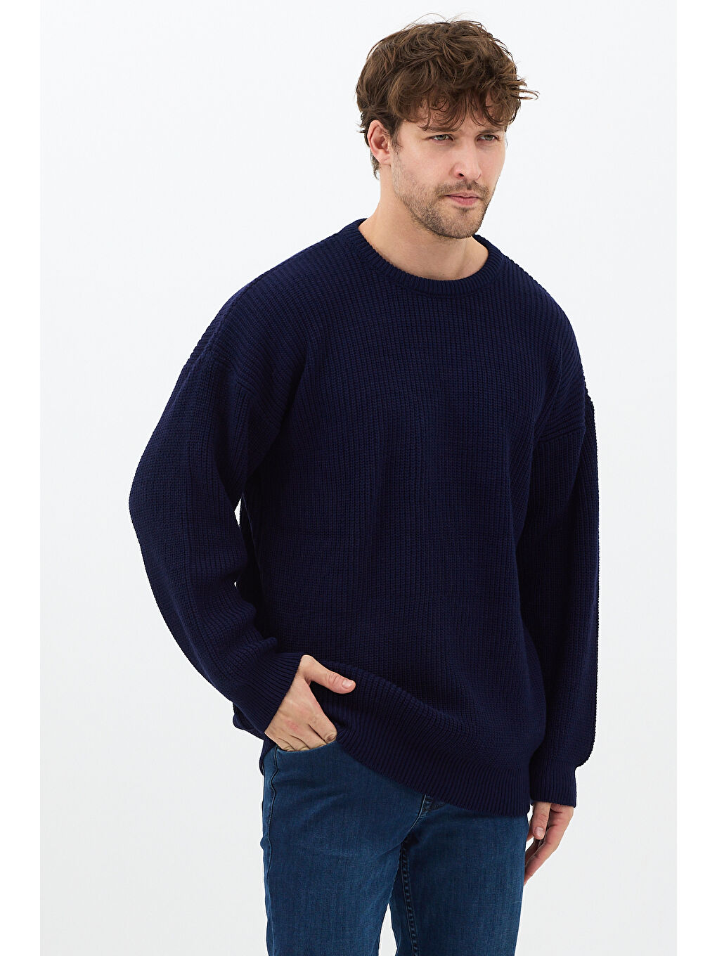 Erkek Lacivert Regular Fit Bisiklet Yaka Örgülü Triko-2