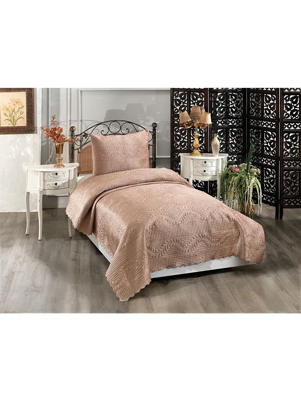 Kahverengi Velica Tek Kişilik Kadife Yatak Örtüsü Cappucino