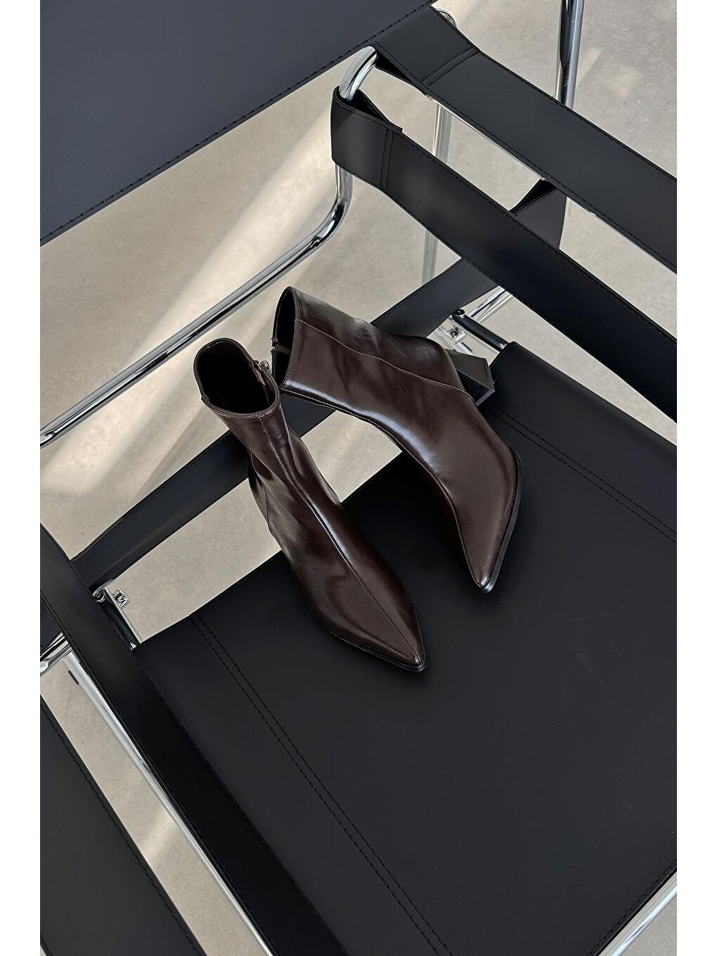 Kahverengi Liston Kadın Topuklu Kırışık Deri Bot Kahve-3