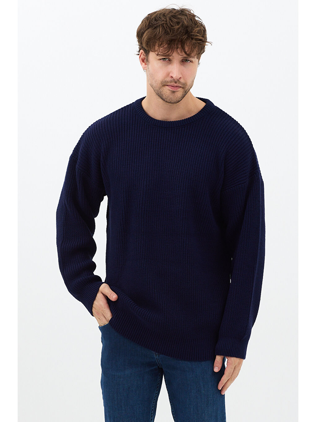 Erkek Lacivert Regular Fit Bisiklet Yaka Örgülü Triko-3