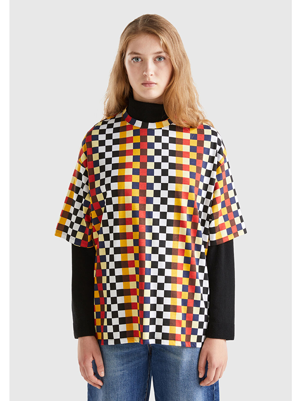 Karışık Kadın Renkli %100 Pamuk Renkli Dama Desenli T Shirt