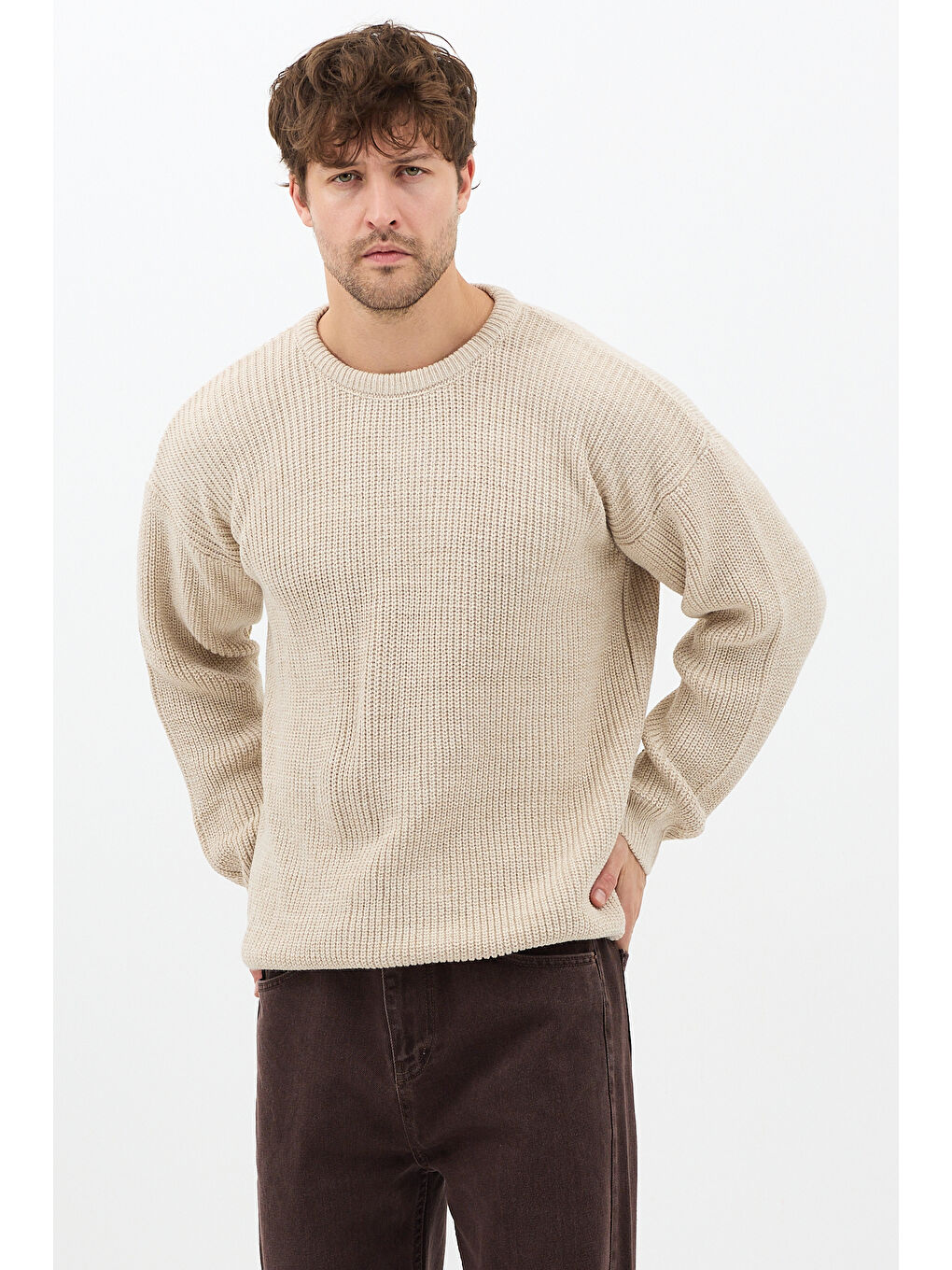 Erkek Bej Regular Fit Bisiklet Yaka Örgülü Triko