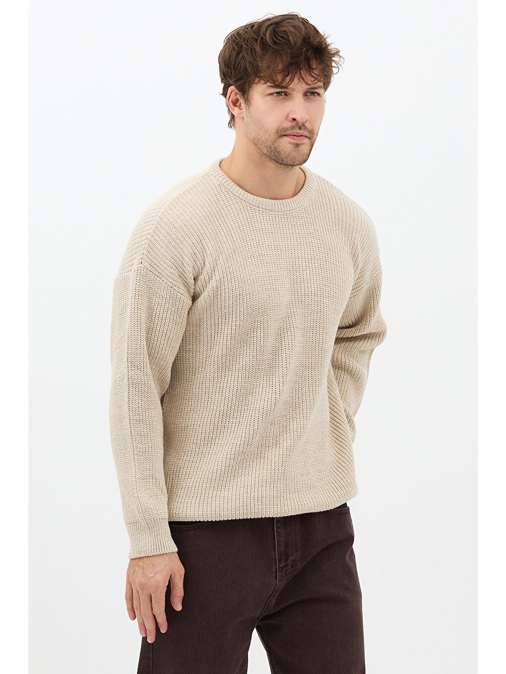 Erkek Bej Regular Fit Bisiklet Yaka Örgülü Triko-1