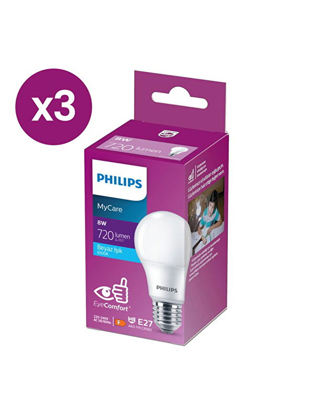 LedBulb 8-60W 720Lm E27 New Gen 3’Lü Ampul - 6500K - Beyaz Işık-3