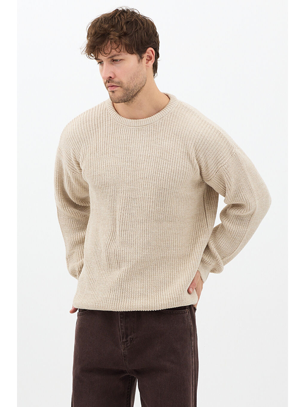 Erkek Bej Regular Fit Bisiklet Yaka Örgülü Triko-2