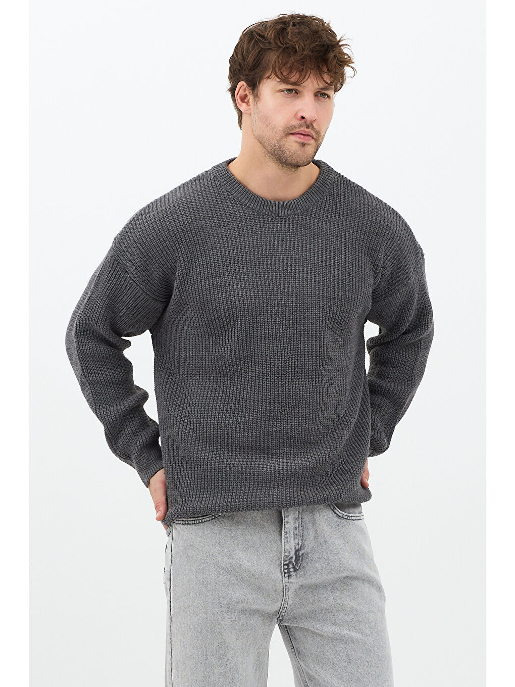 Gri Erkek Füme Regular Fit Bisiklet Yaka Örgülü Triko-1