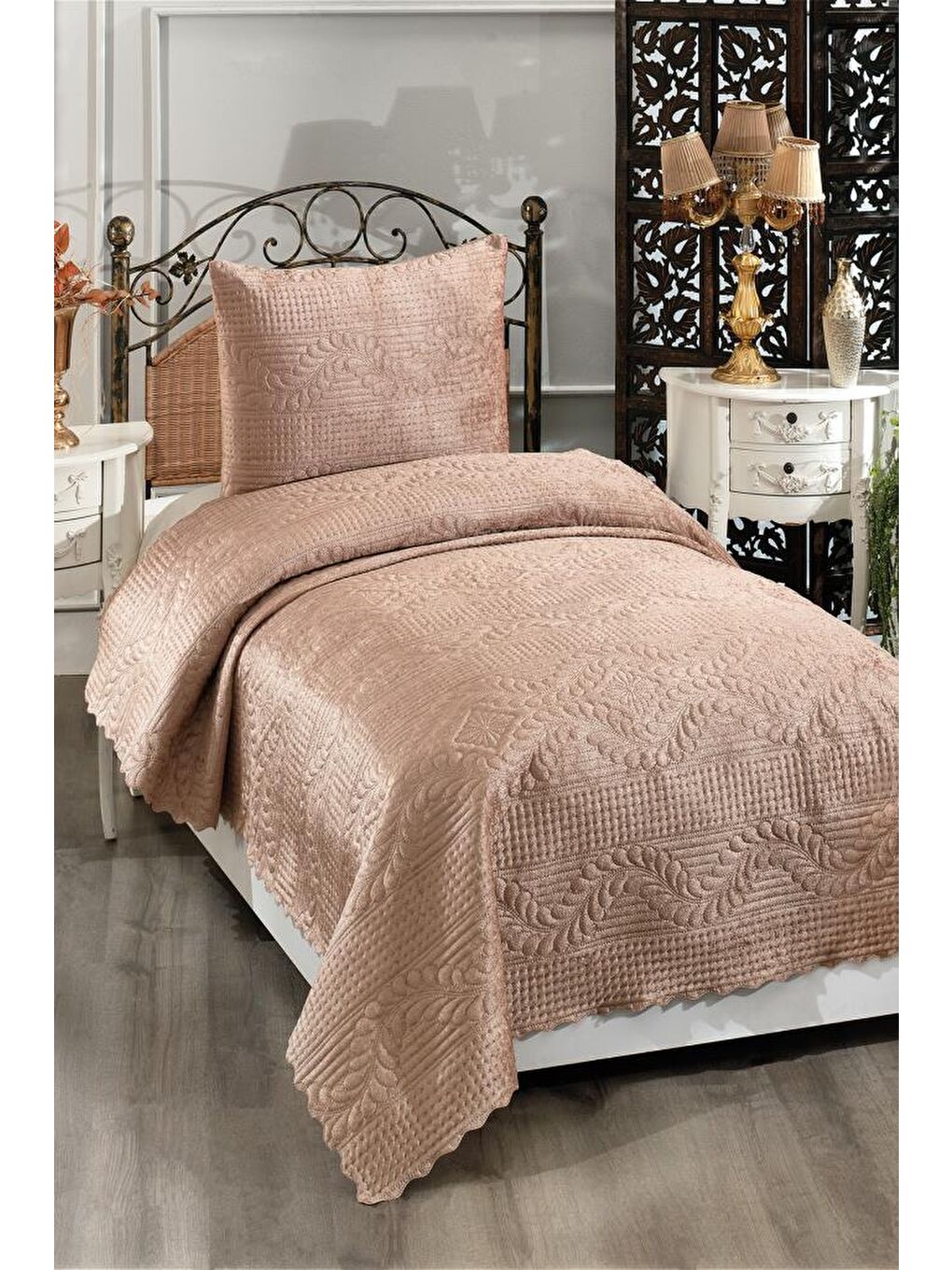 Kahverengi Velica Tek Kişilik Kadife Yatak Örtüsü Cappucino-6