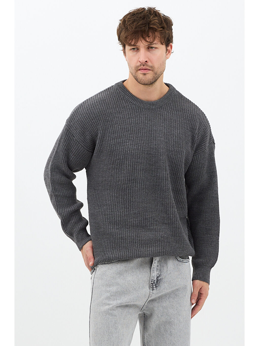 Gri Erkek Füme Regular Fit Bisiklet Yaka Örgülü Triko-2