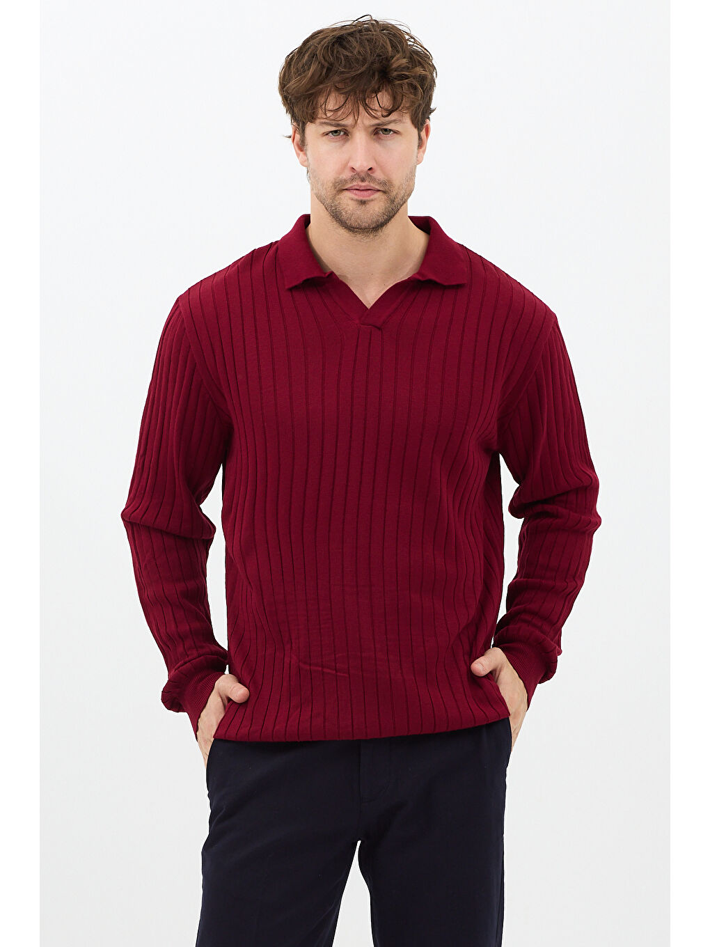 Bordo Erkek Polo Yaka Fitilli Triko Kazak