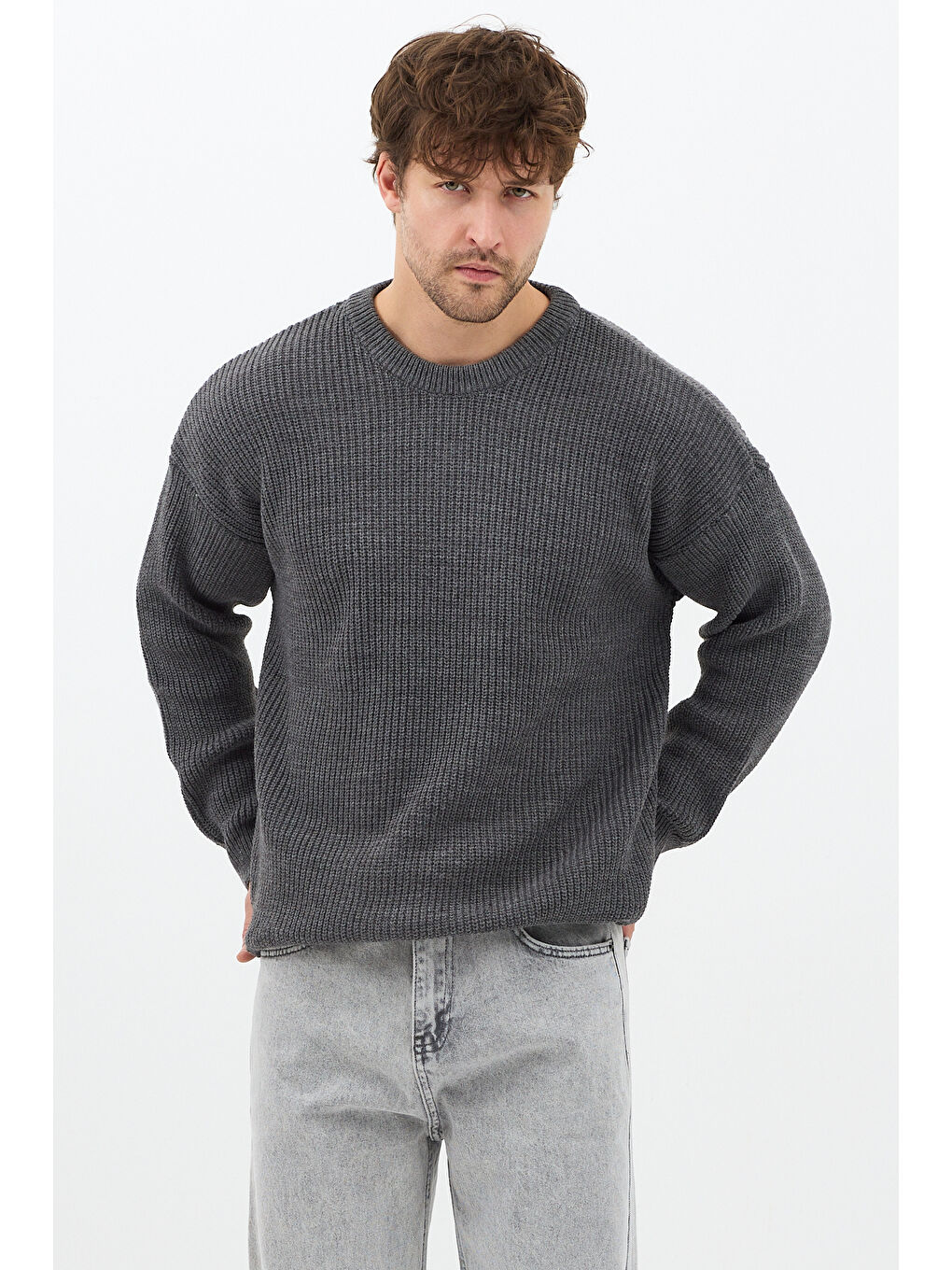 Gri Erkek Füme Regular Fit Bisiklet Yaka Örgülü Triko-3