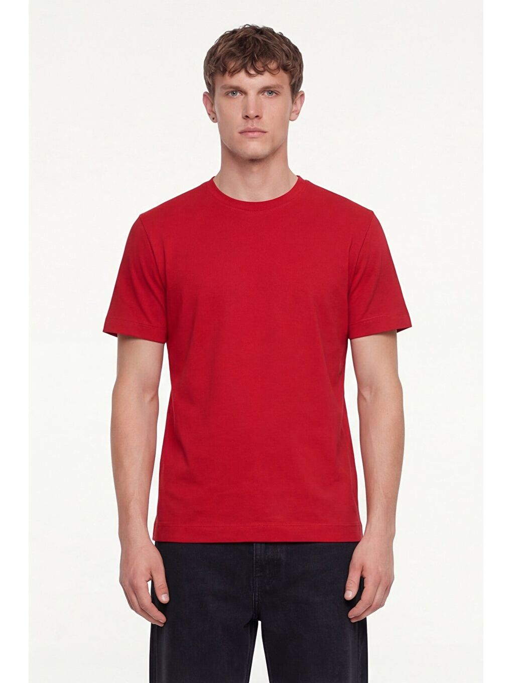 Erkek Kırmızı Normal Kesim Regular Fit %100 Pamuk Dokuma Bisiklet Yaka Basic T-Shirt