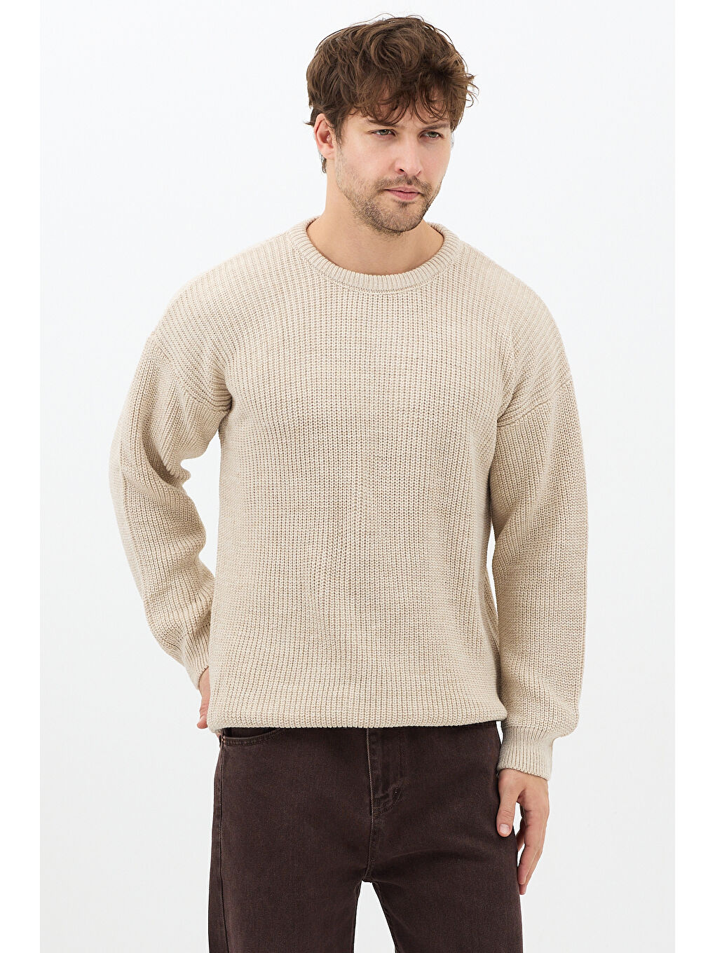 Erkek Bej Regular Fit Bisiklet Yaka Örgülü Triko-3