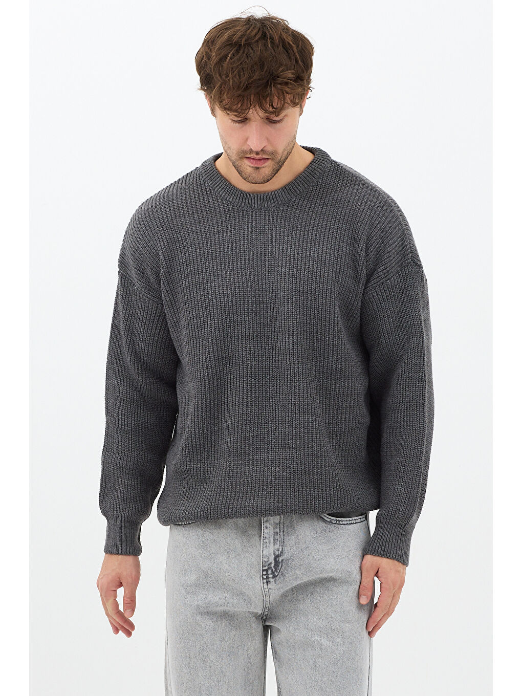 Gri Erkek Füme Regular Fit Bisiklet Yaka Örgülü Triko-4