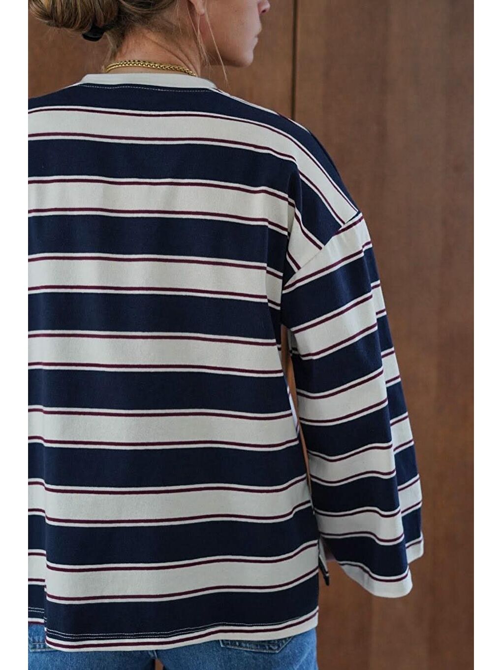 Lacivert Bisiklet Yaka %100 Pamuklu Çizgili Uzun Kollu Tişört Mg2362-3