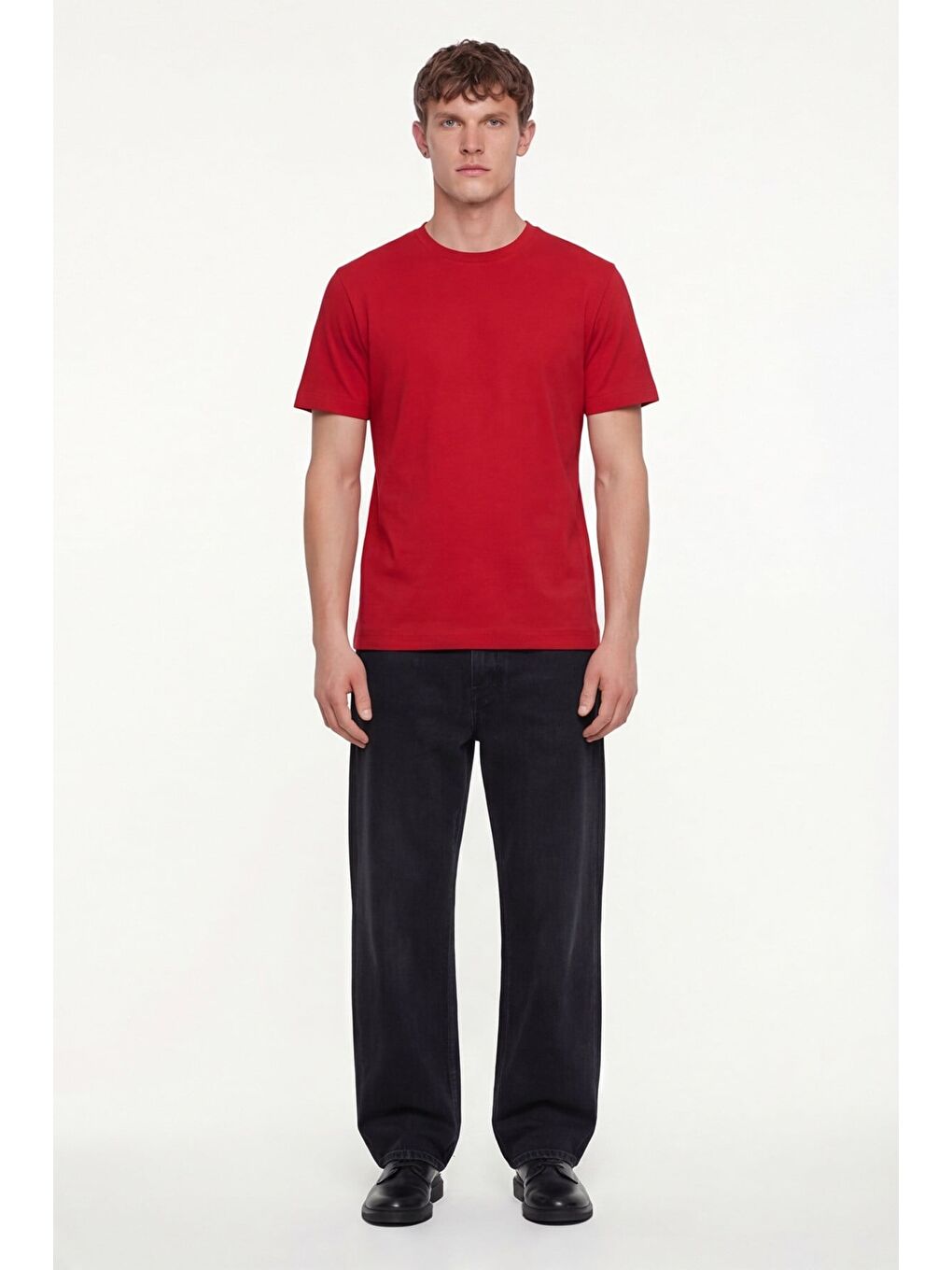 Erkek Kırmızı Normal Kesim Regular Fit %100 Pamuk Dokuma Bisiklet Yaka Basic T-Shirt-1