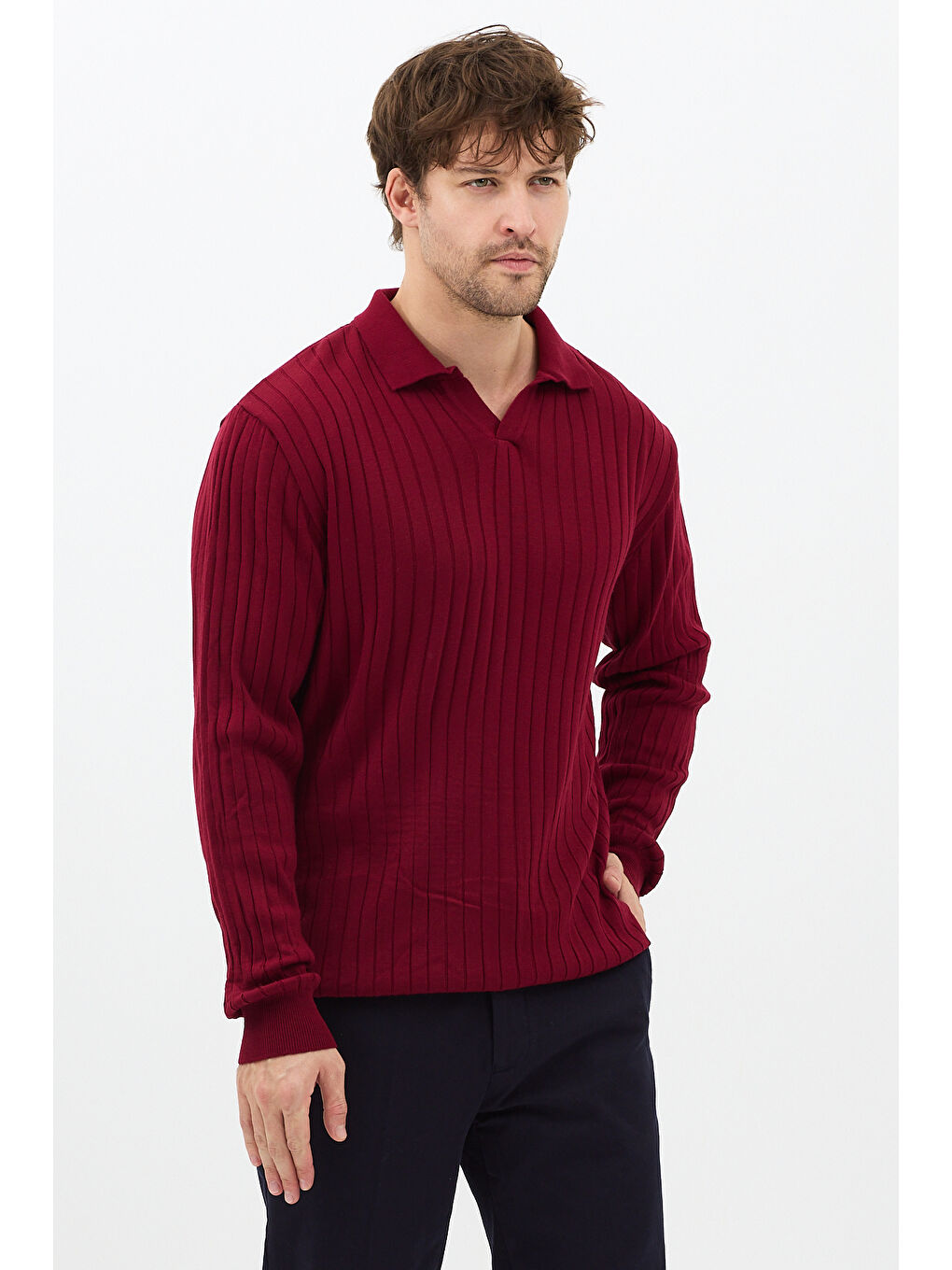 Bordo Erkek Polo Yaka Fitilli Triko Kazak-1