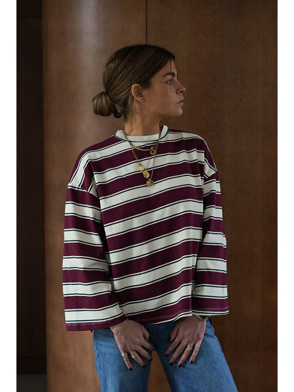 Bordo Bisiklet Yaka %100 Pamuklu Çizgili Uzun Kollu Tişört Mg2362-1