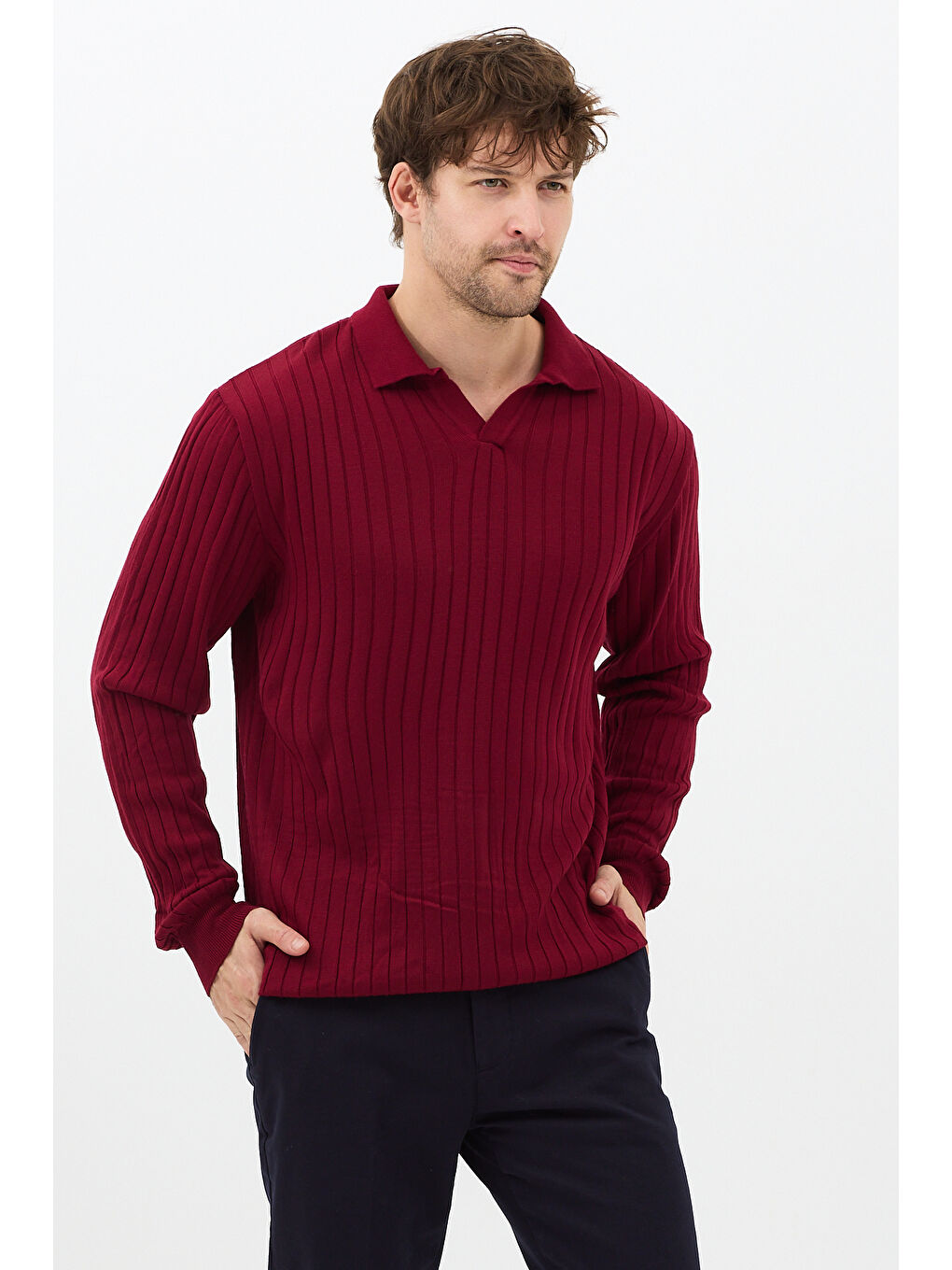 Bordo Erkek Polo Yaka Fitilli Triko Kazak-2