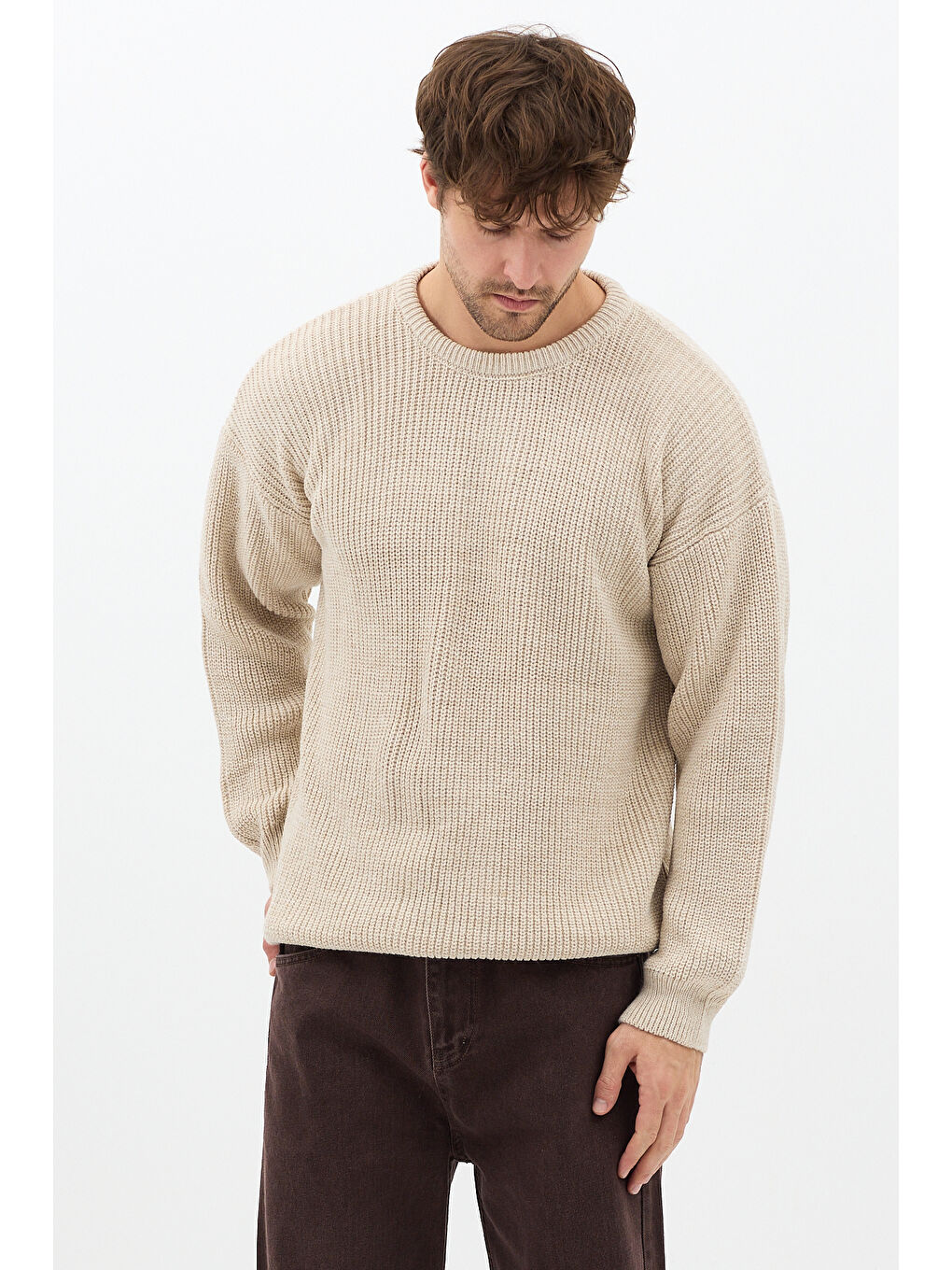 Erkek Bej Regular Fit Bisiklet Yaka Örgülü Triko-4