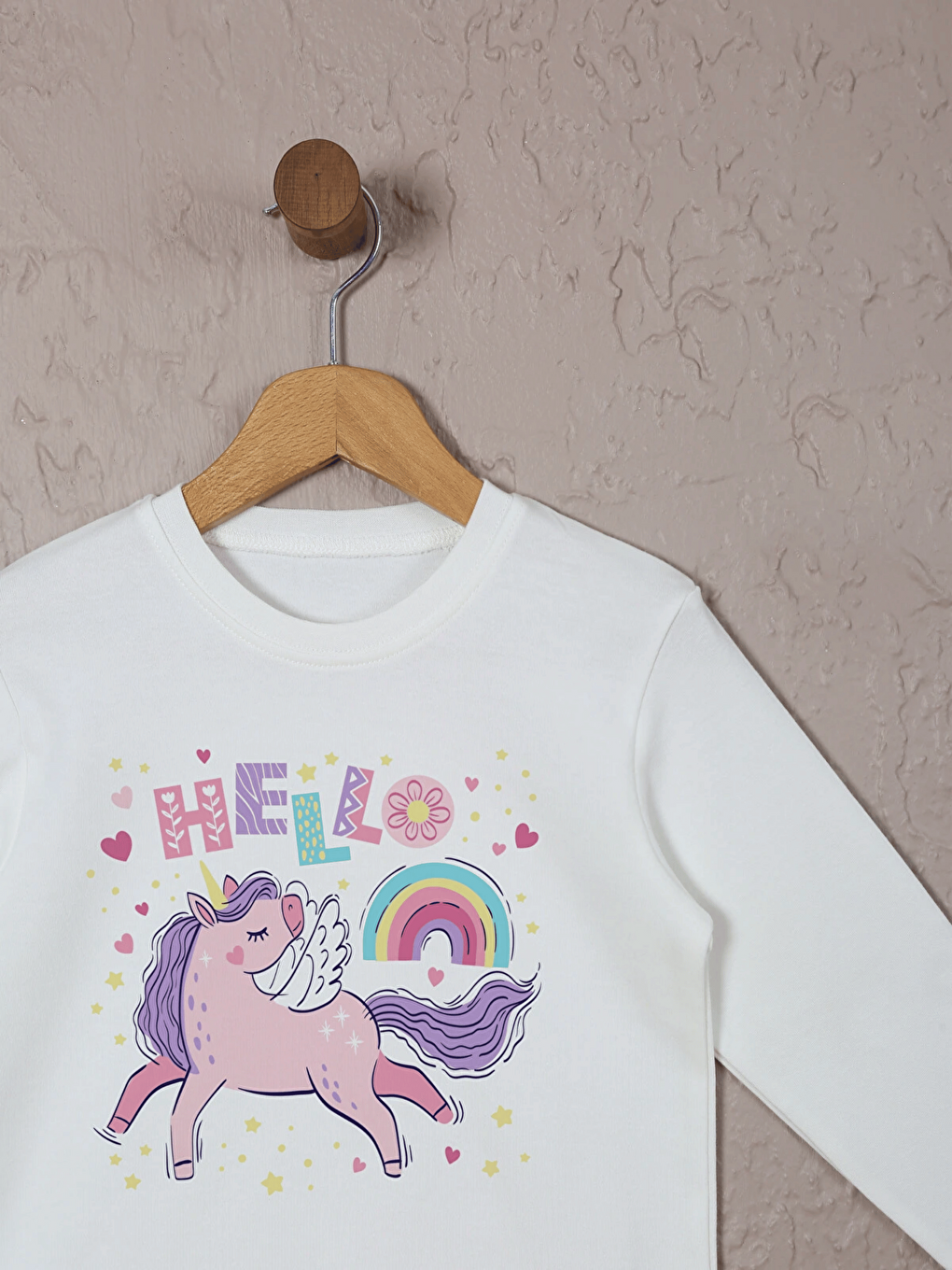 Ekru Bisiklet Yaka Uzun Kollu Kız Çocuk Pijama Takımı-1