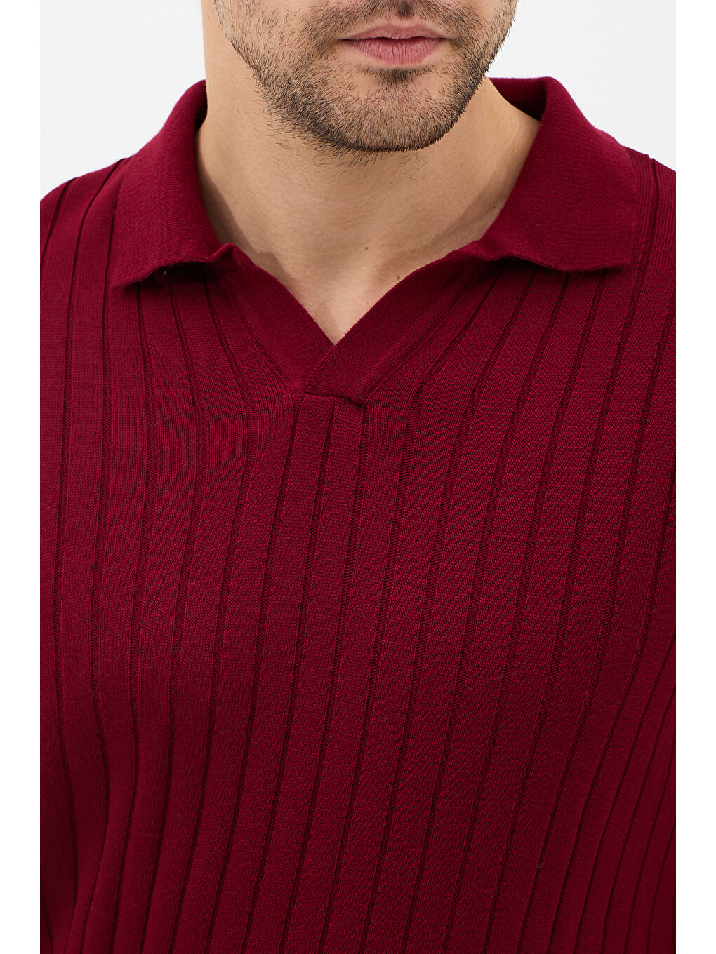 Bordo Erkek Polo Yaka Fitilli Triko Kazak-3