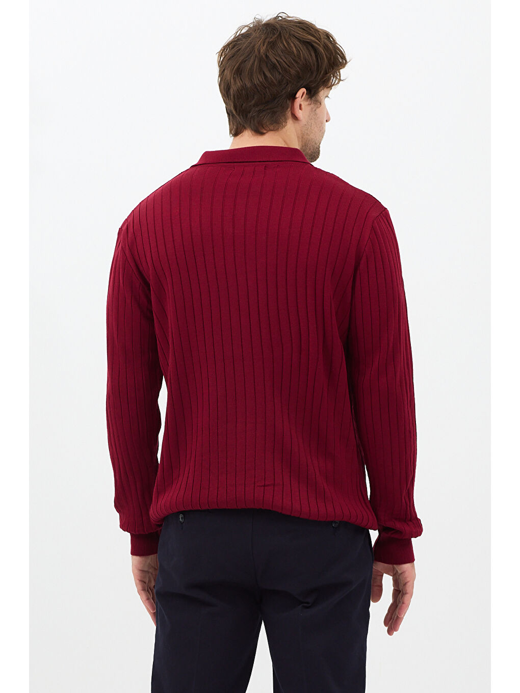 Bordo Erkek Polo Yaka Fitilli Triko Kazak-4